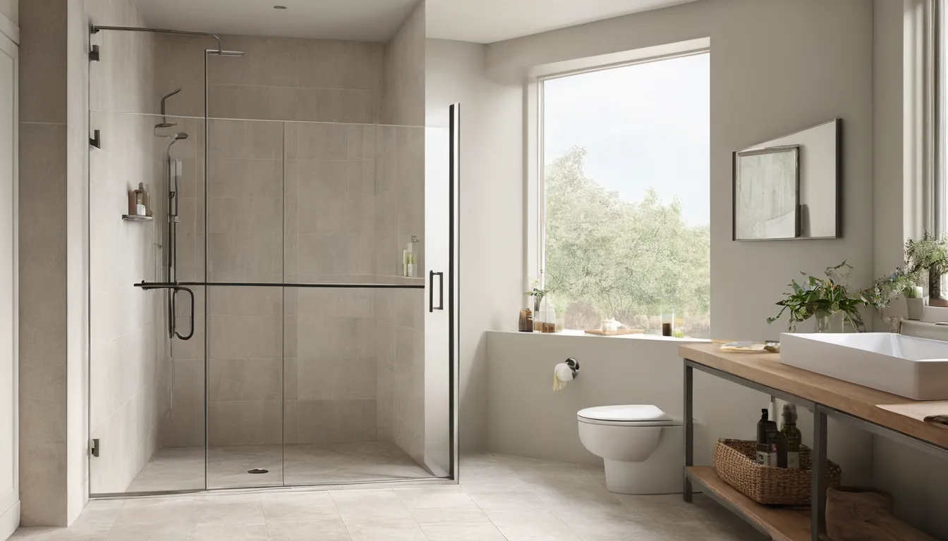 Bright, step-in shower with a low entry, grab bar and glass panel in a home bathroom in the Shelton area